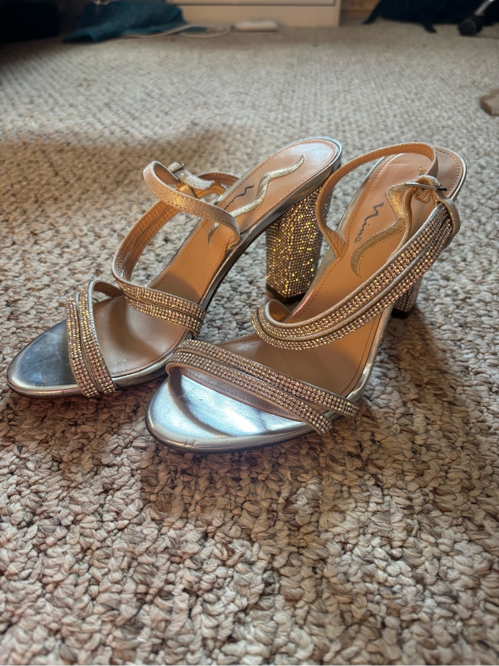 Silver Rhinestone Block Heel Sandals - Women